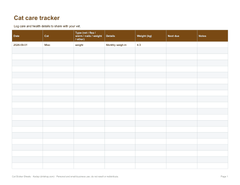 Preview of the first page of Care tracker (XLSX)
