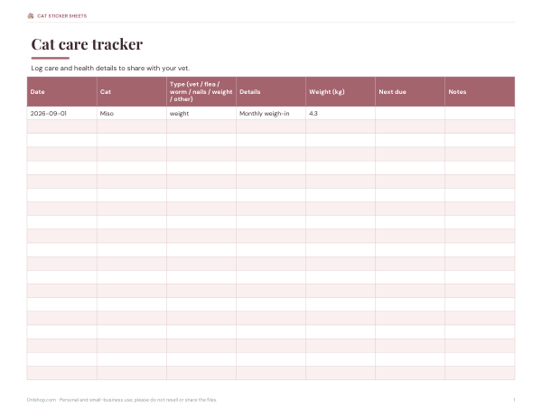 Preview of Printable Cat Care Tracker